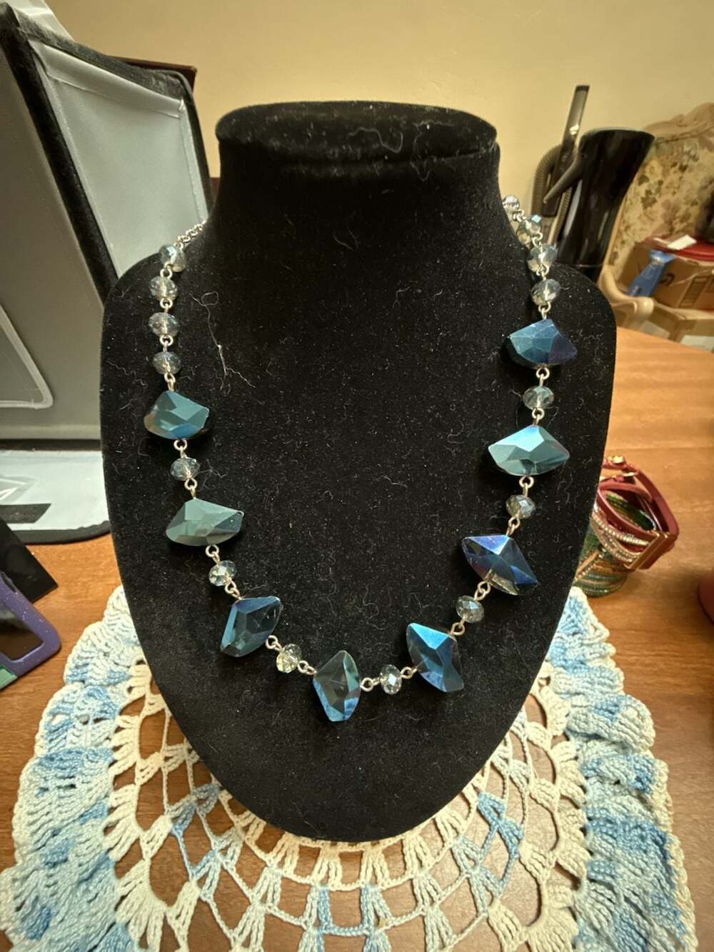 Blue Crystal Silver Tone Faceted Statement Necklace